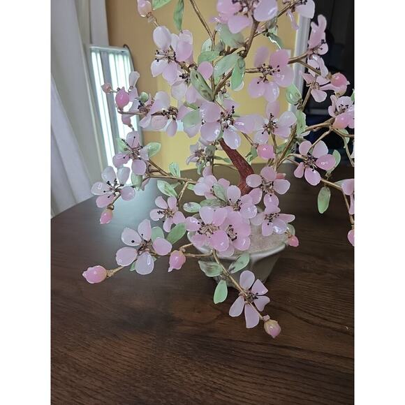 Vintage Large Mid Century Chinese Jade Glass Agate Bonsai Flower Tree 15 X 18 - Picture 6 of 16